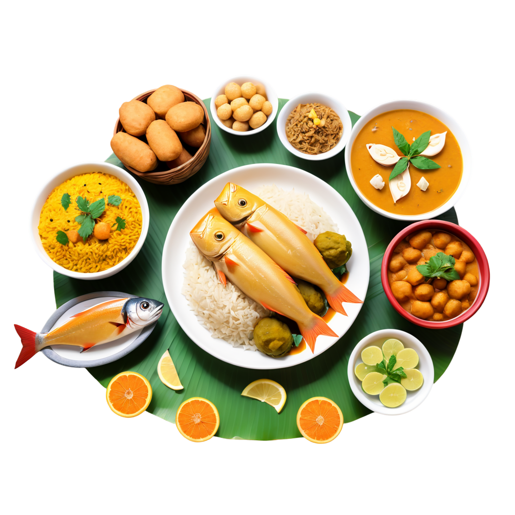Illustrate a traditional Baisakhi meal, dishe like panta bhat (soaked rice), ilish mach (Hilsa fish), and various sweets. . detailed, highly sharp, clear, clean line, artistic, eye catching, very attractive, 128k extremely realistic,  uhd.