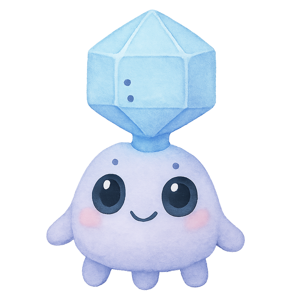 rich vibrant watercolor illustration, kawaii microbiology character, full body clearly visible from top to bottom, extra space above head, centered composition, framed so character occupies no more than 70% of canvas height, chubby bacteriophage with rounded crystal head and short soft legs, soft pastel microbiology palette (glacier blue and lilac with gentle periwinkle accents only), large glossy oval eyes, deep rich black pupils that are perfectly smooth, solid, and uniform (no watercolor texture, no noise, no grain), glassy finish with two clean reflective highlights in pale blue and pale pink (not white so they remain visible on transparent PNG), tiny dot eyebrows, small simple smiling mouth, rosy cheeks, soft diffuse watercolor edges, smooth clean outer silhouette, crisp transparent cutout edge, no outer shading, no vignette, no background wash, no border, no text, transparent background