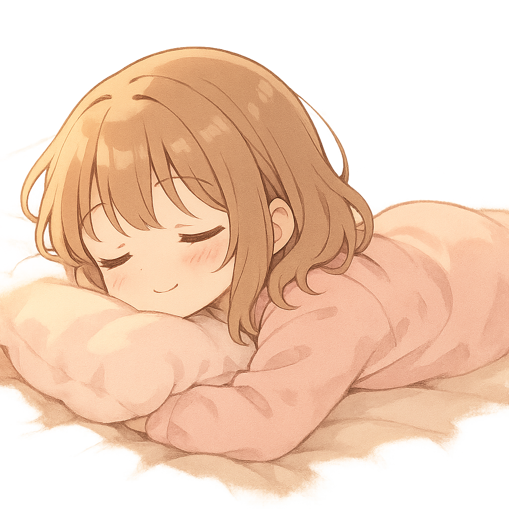 cute anime girl sleeping on her stomach, soft cozy bed, gentle warm lighting, peaceful expression, pastel colors, fluffy pillow, small smile, closed eyes, delicate eyelashes, soft shading, kawaii style, high quality illustration, dreamy atmosphere, warm and calm mood