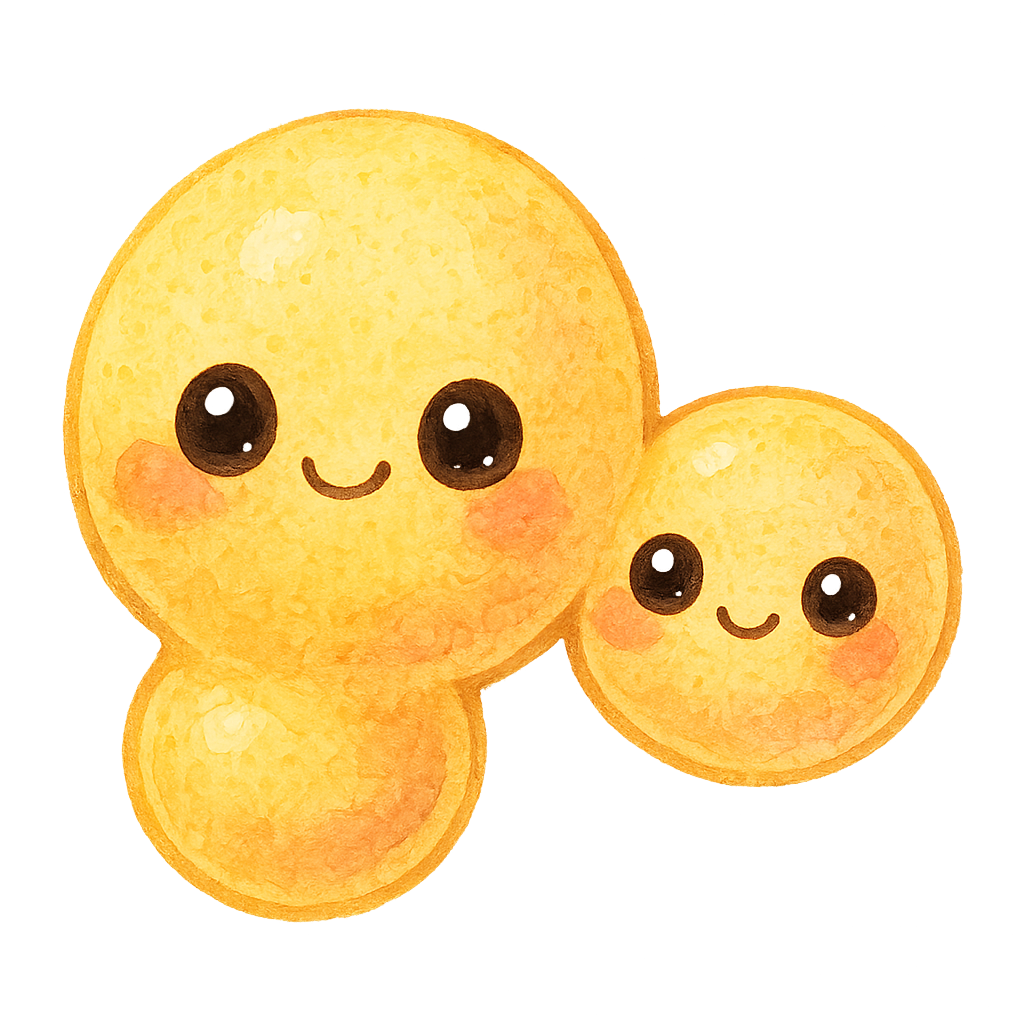 rich vibrant watercolor illustration, cute kawaii microbiology character, budding yeast buddy with two round connected cells, pastel sunshine yellow and peach pigments softly blended, tiny cell wall texture, big shiny eyes with light colored highlights, rosy cheeks, soft edges, no text, no border, transparent background