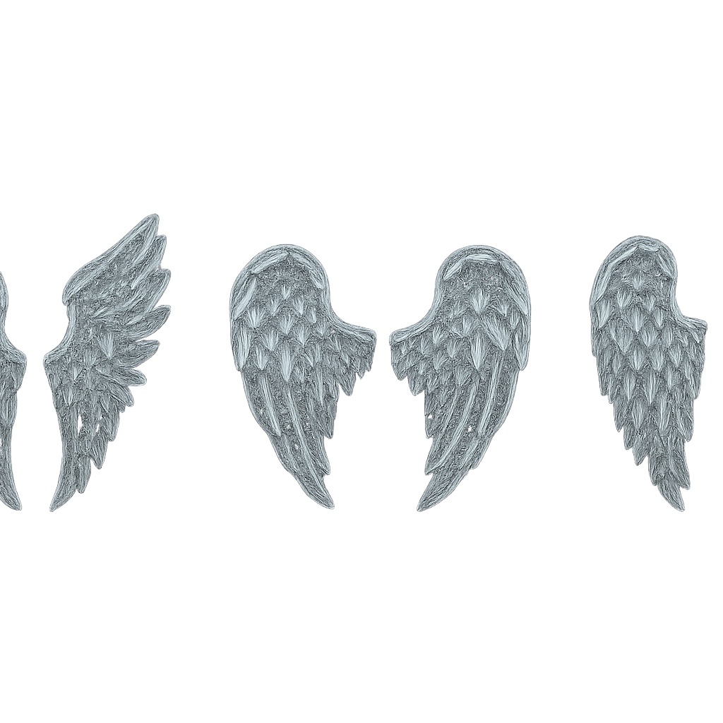 Transparent crystal angel wings, faceted like diamond, luminous, glass-like texture, isolated on transparent background, no body, no background, only wings, three variations: open, half-open, closed.