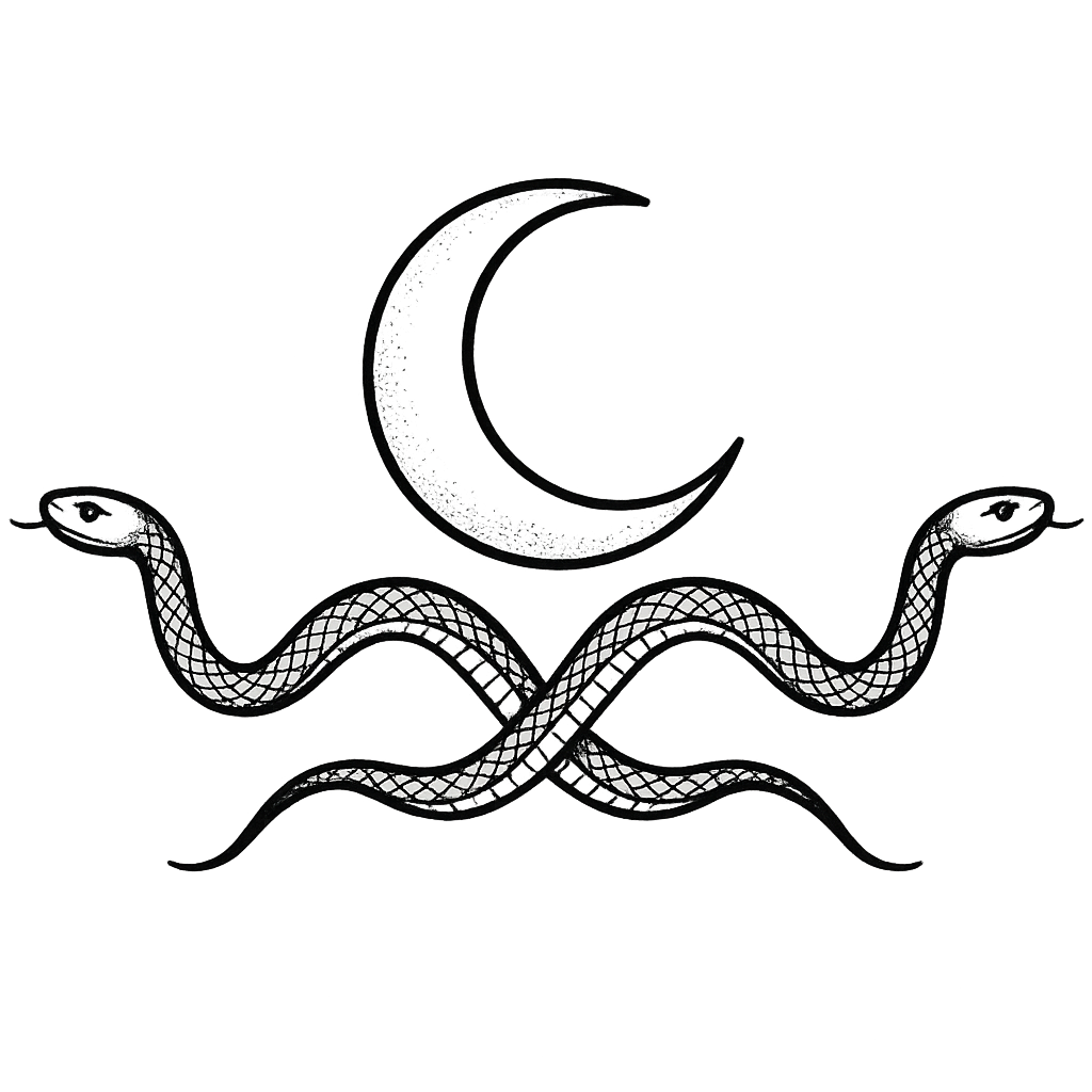 half moon and two intertwined snakes page divider black ink wide