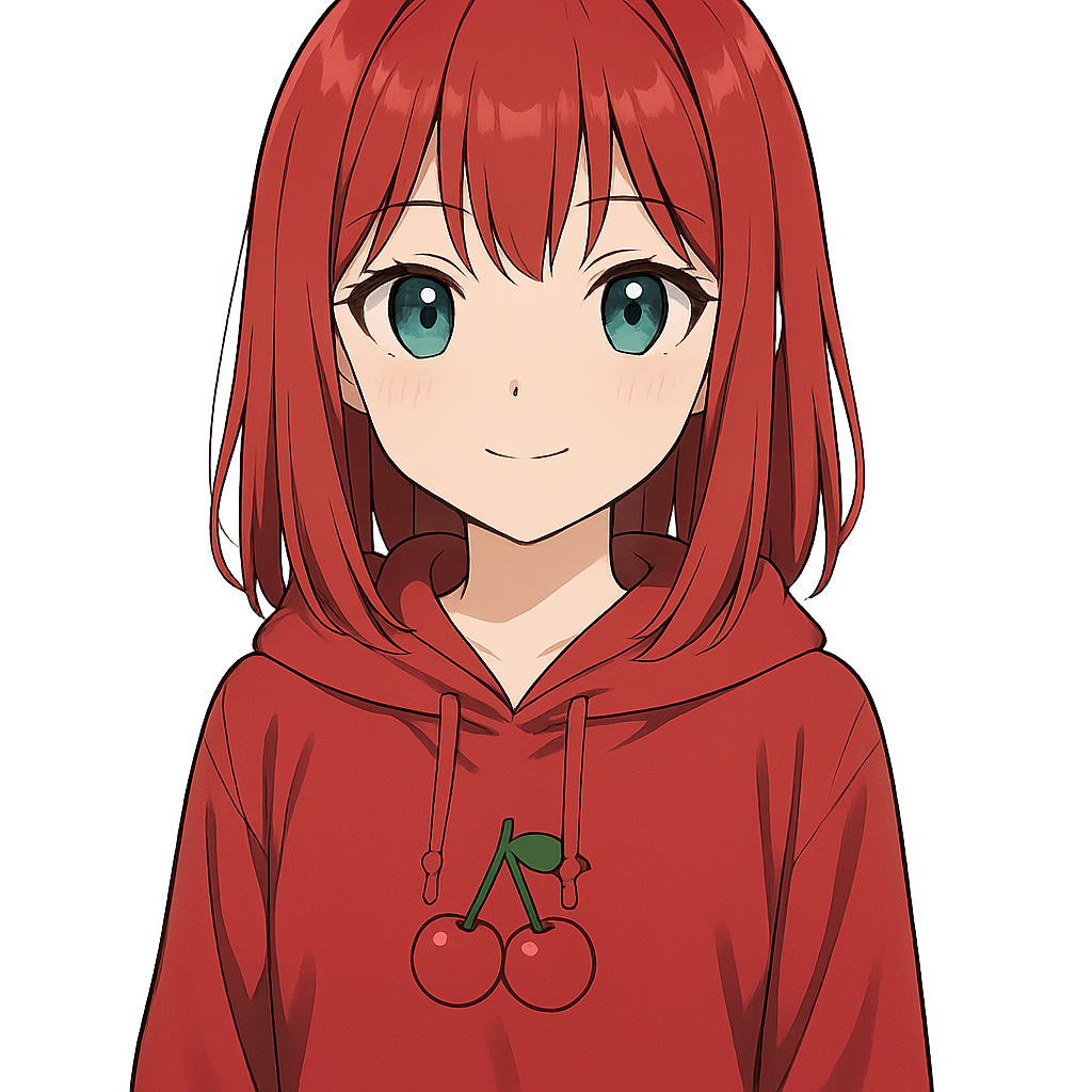 a 2D digital anime-style illustration of a young Japanese girl with medium-length straight red hair, greenish-blue eyes, wearing a red hoodie with a cherry symbol in the center, neutral lighting, clean line art, proportional head and body, cute expression, high detail, soft shadows, vibrant colors, transparent background