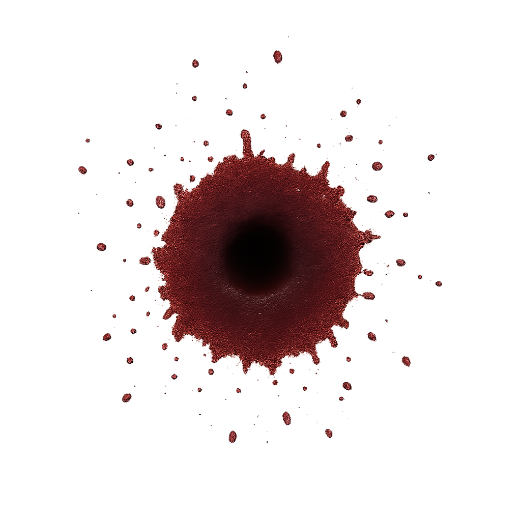 Top-down view of a single bullet hole decal, designed for video games, small round blood splatter with dark red dried edges, realistic but not gory, seamless texture, transparent background, isolated asset, centered on canvas, no objects, no text, no background, no 3D render, no extra elements.