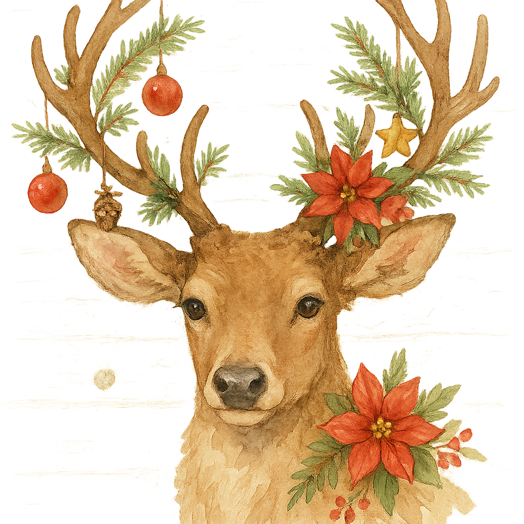 Watercolor Christmas reindeer portrait, elegant and cute, antlers decorated with small holiday ornaments, pine branches, red winter flowers, rustic woodland style, soft warm colors, white wood background, high detail, cozy farmhouse Christmas aesthetic