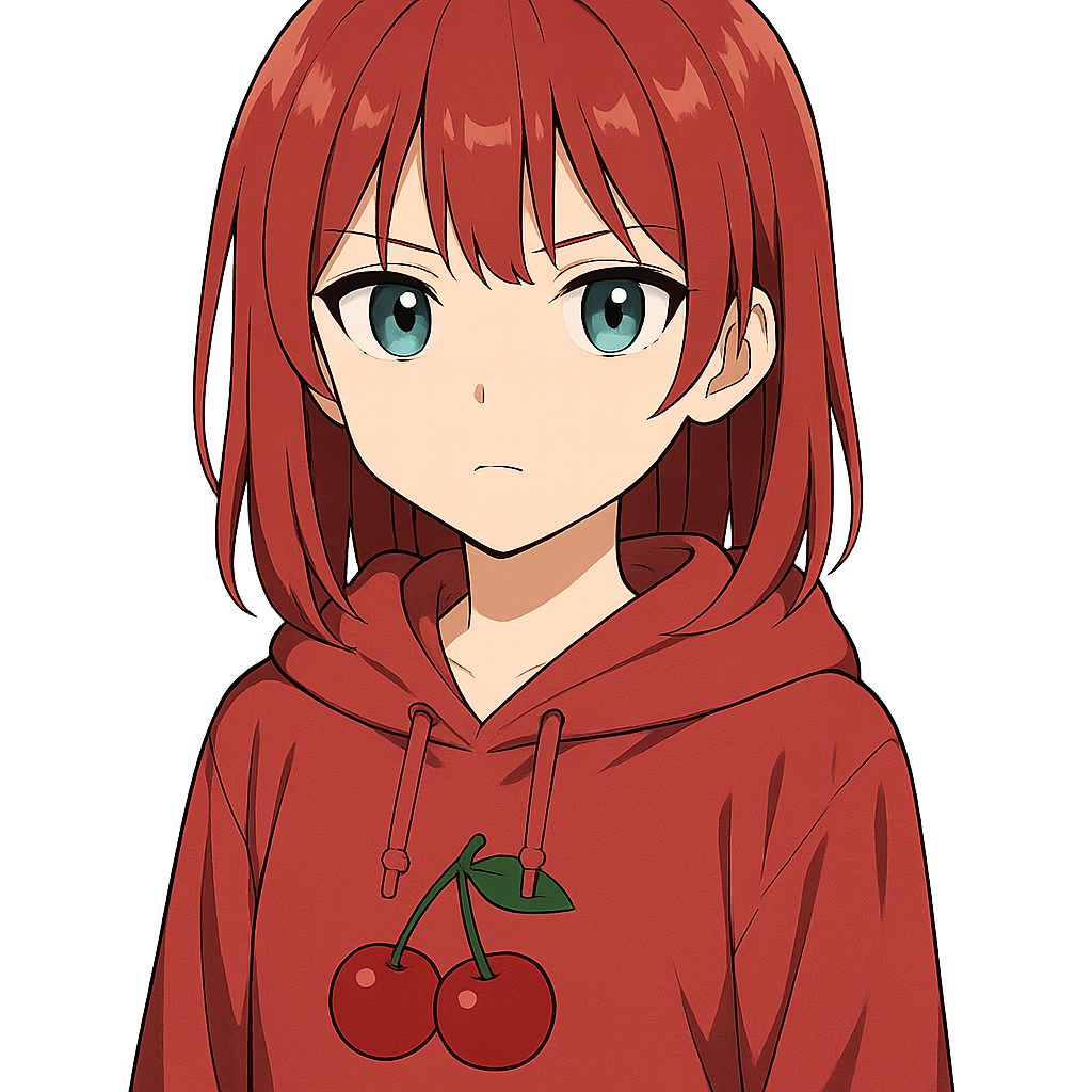 a 2D digital anime-style illustration of a young Japanese girl with medium-length straight red hair, greenish-blue eyes, wearing a red hoodie with a cherry symbol in the center, neutral lighting, clean line art, proportional head and body, cute expression, high detail, soft shadows, vibrant colors, transparent background neutral serious face