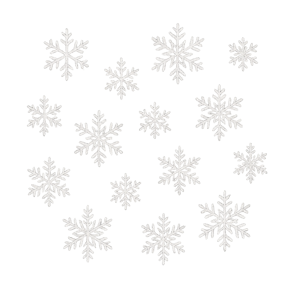 Tiny delicate snowflakes scattered, white with subtle shimmer, small size, transparent background, suitable for overlay on illustrations or plates, festive Christmas vibe, vector-style, high detail