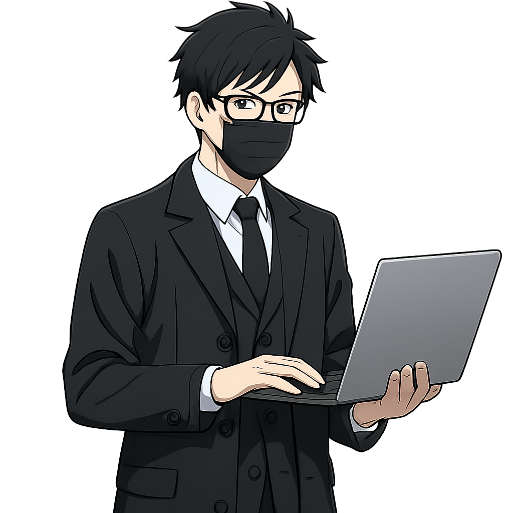make a man standing with holding a laptop, worn - black coat and black tie, a black mask and black glasses and it should be anime style.