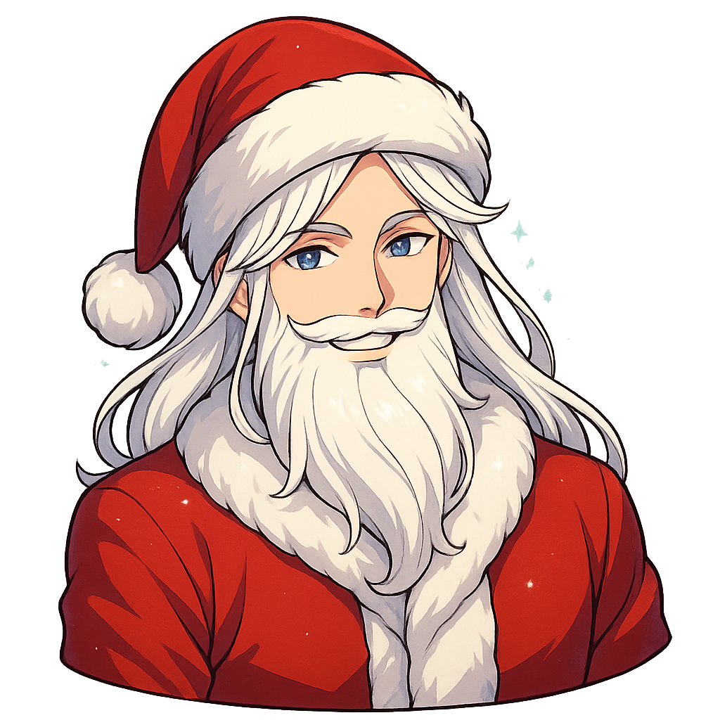 Handsome anime Santa Claus, upper body shot, full Santa hat visible, head tilted slightly to right, elegant face, bright anime eyes, long silky white hair, fluffy beard, luxurious red coat, charming mischievous smile, sparkling snow effect, vibrant colors, clean lineart, high-resolution 3000x3000 px, sticker-friendly, transparent background Filename: SantaAnime_TiltRight.png