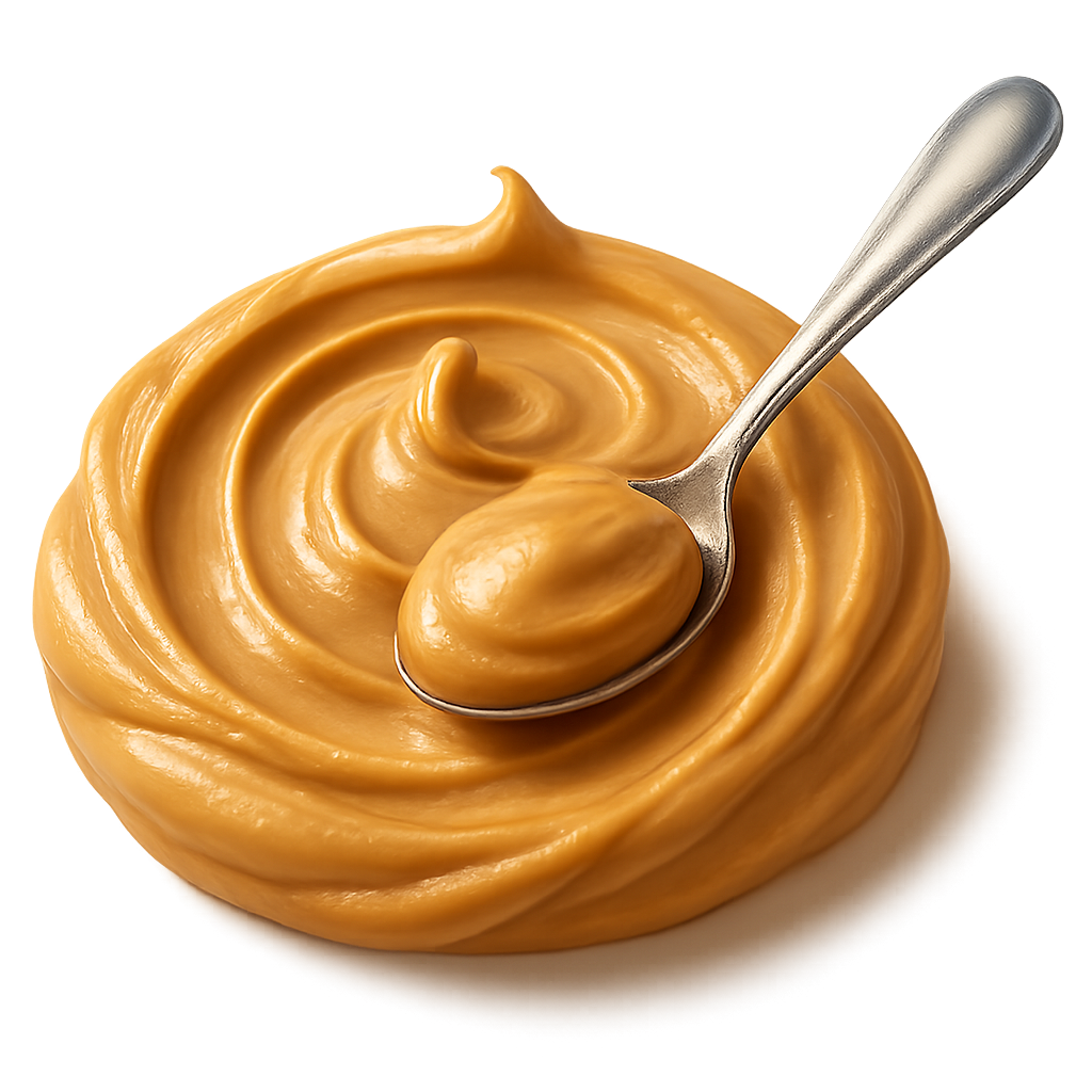 A realistic, appetizing swirl of creamy smooth peanut butter in rich golden-beige tones, with a shiny metallic spoon gently dipped into it, creating a luscious texture and natural glossy highlights. The peanut butter appears thick, smooth, and indulgent, with soft warm lighting for a premium look. Include a subtle soft shadow underneath to make it look naturally grounded, as if resting on the label surface. No background, no container — transparent PNG, centered composition, photorealistic detail.