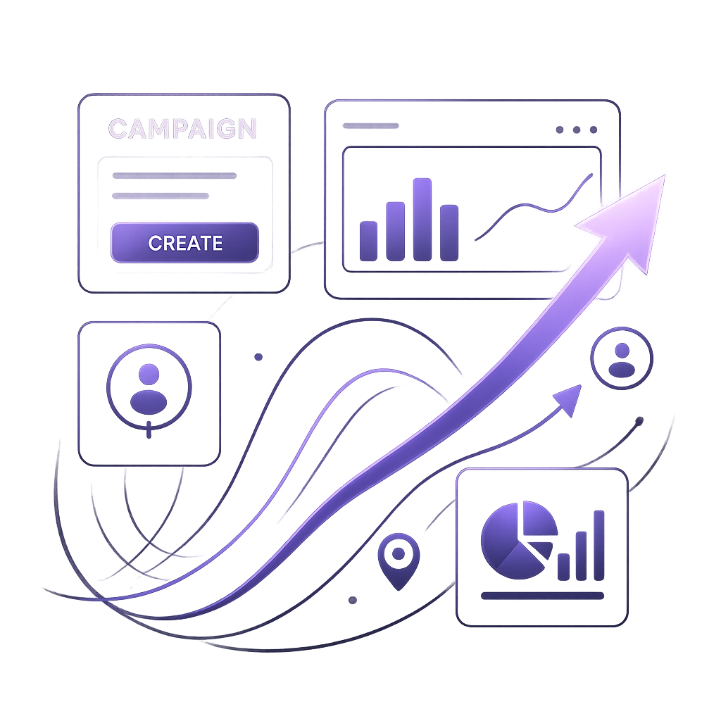 Futuristic premium marketing illustration of campaign creation and optimization. Shows digital interface elements: dashboards, pop-up windows, targeting icons, data analytics symbols. Dynamic composition with glowing arrows and curved trendlines representing growth and automation. Neon purple accents, dark gray and black tones, soft reflections, cinematic lighting, smooth gradients. High detail, clean and modern style. Transparent background, isolated design for website or presentation. Futuristic marketing visuals, smart digital strategy, conversion optimization.