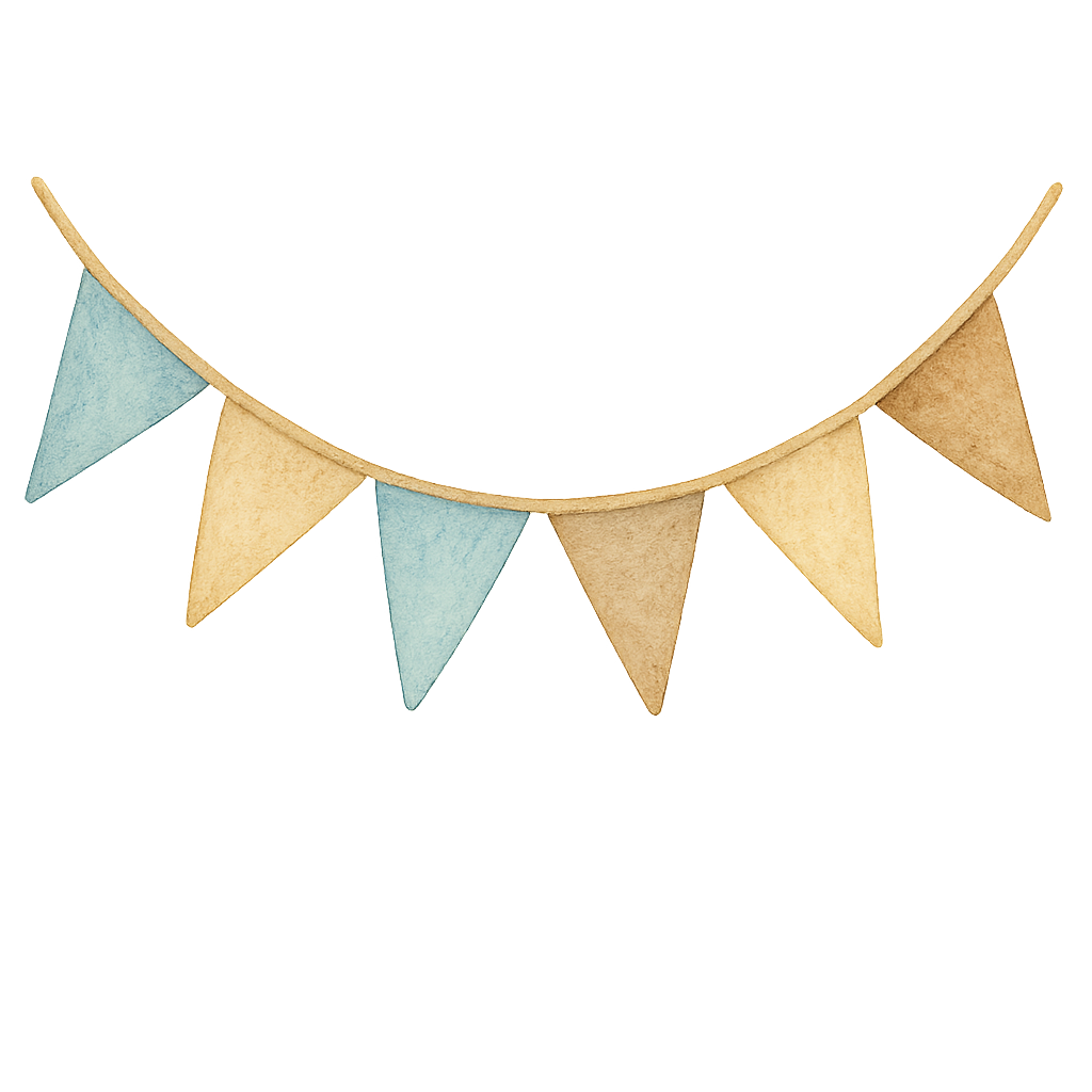 watercolor vintage baby shower bunting banner, soft pastel blue beige and brown colors, fabric texture, triangular flags hanging on a beige string, gentle curve like hanging in the air, soft light, cozy warm tones, transparent background, high quality, hand-painted look