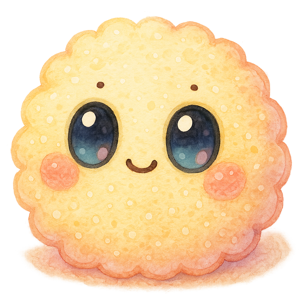 rich vibrant watercolor illustration, kawaii microbiology character, cute round probiotic buddy shaped like a fluffy yogurt culture with soft pillowy texture and gentle bubbly surface, soft pastel microbiology palette (main colors buttercream yellow and soft peach with very gentle warm pink accent only, not full rainbow), large shiny oval eyes with deep black pupils and big pale blue + pale pink reflective highlights (non-white so they remain visible on transparent PNG), tiny dot eyebrows, small happy smiling mouth, rosy cheeks, soft diffuse watercolor edges, no text, no border, transparent background