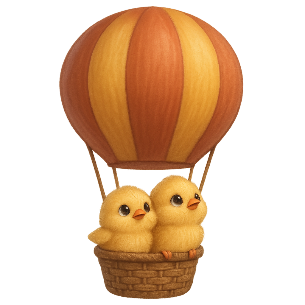 On a transparent background Realistic and animated style Two small 3D chicks, realistic and animated They are in a hot air balloon and looking at the sky. They are cute