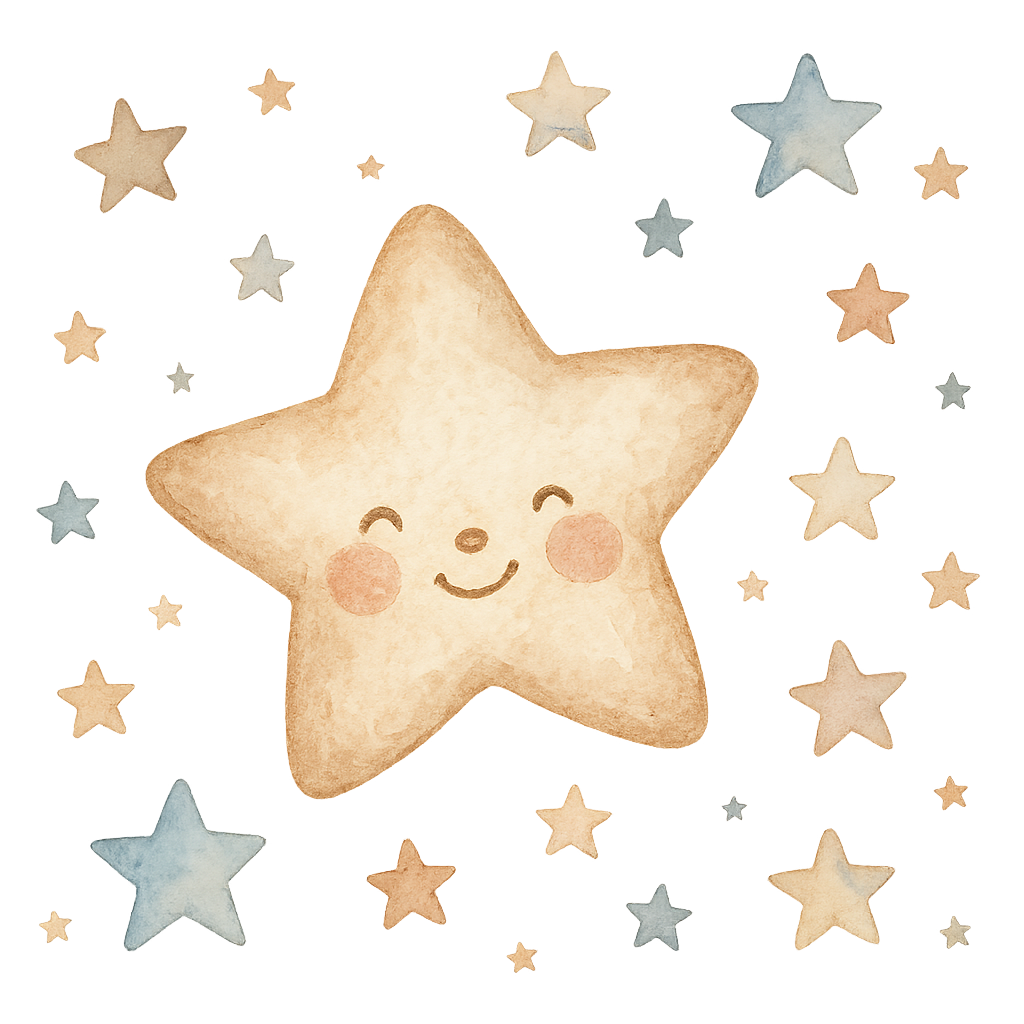 watercolor vintage baby stars, soft pastel blue beige and brown tones, gentle texture, hand-painted look, cute baby shower decoration, scattered small and large stars, transparent background, cozy warm tone