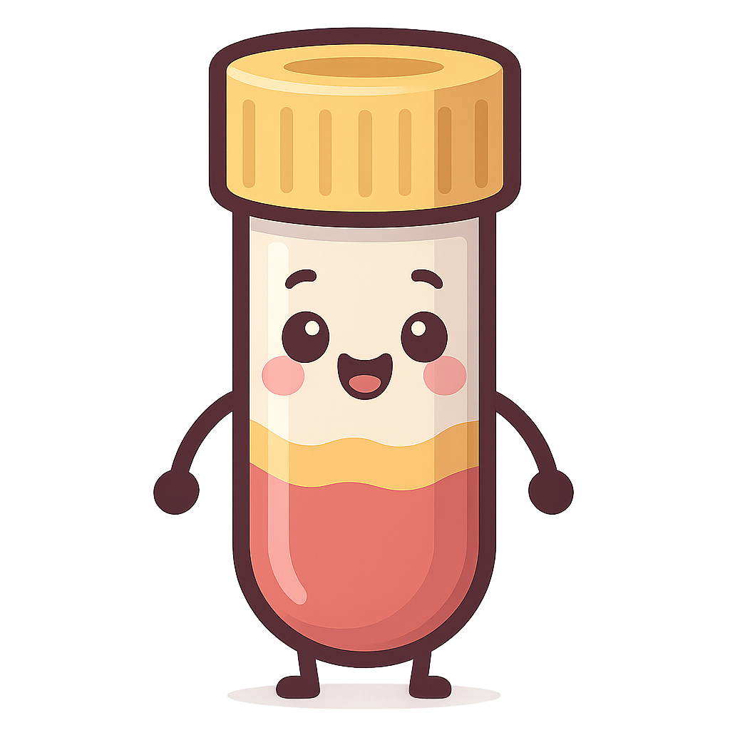 create a cartoon themed SST blood test tube cartoon character with a yellow cap and visible serum seperator gel layer, cute kid friendly aesthetic, thick smooth outline, bold pastel color palette, smiling adorable expression, vector style art, soft shading, professional print illustration. extremely sharp edges. maximum resolution pnggen is capable of.
