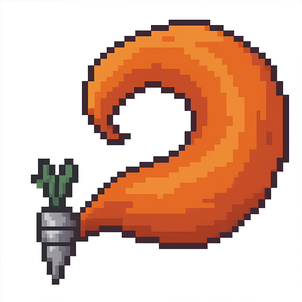 8bit pixel art style, small grey metal carrot positionned in the bottom left corner and a large fox tail sprouting from the carrot, swirling and taking most of the picture space