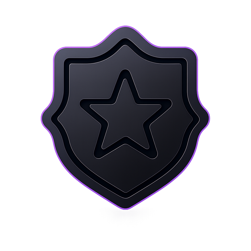 A premium, futuristic minimal icon symbolizing professionalism and excellence. Features a clean geometric star or badge shape with smooth curves and balanced symmetry. Neon purple highlights, dark gray and black tones, subtle glow and soft reflection. No background, transparent backdrop, isolated and minimal design for small-size website use. Simple, elegant, consistent with futuristic marketing visuals.