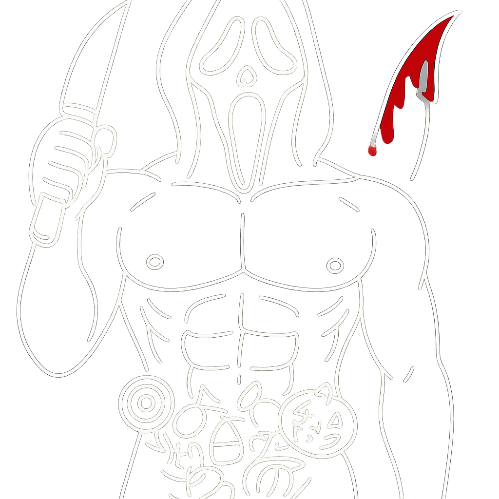a white outline of Ghostface with a bloody knife, bare chest, abs and v-line covered in halloween candies, transparent background