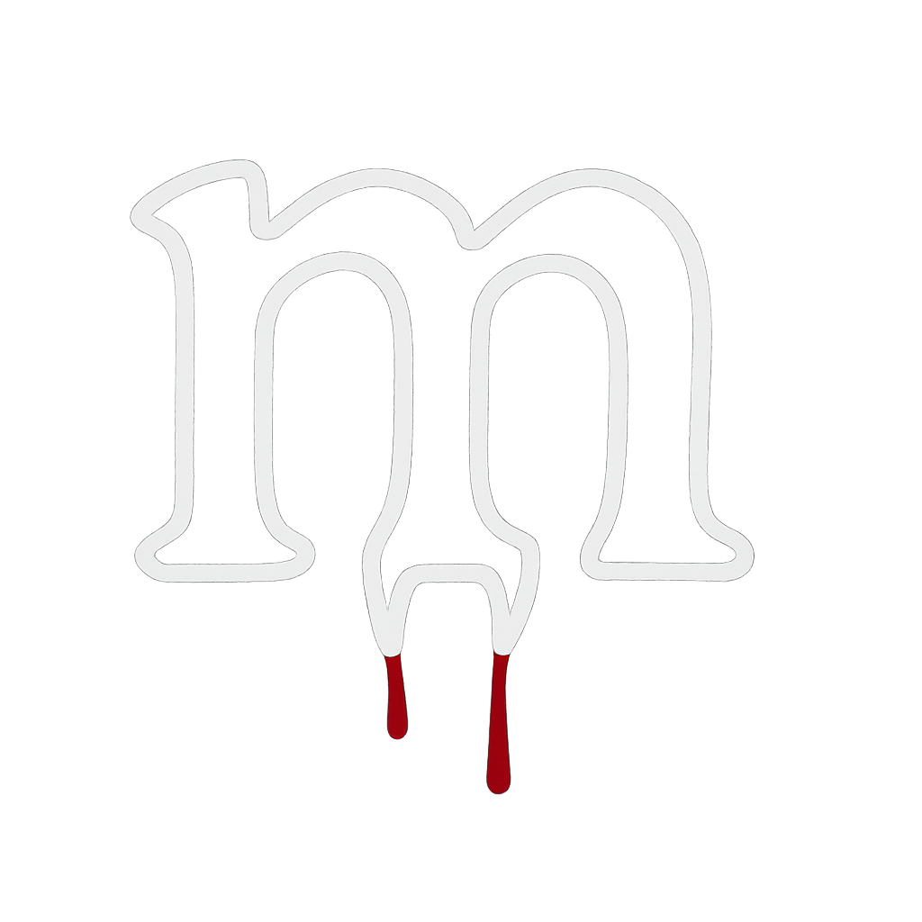 a white spooky outline of the lowercase letter m with bloody fangs
