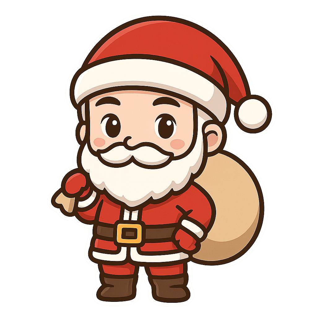 cute handsome anime santa claus mascot, full body, clear clean outlines, simple color palette, kawaii expression, christmas hat visible, stickers style, transparent background, high resolution, no text, no watermark