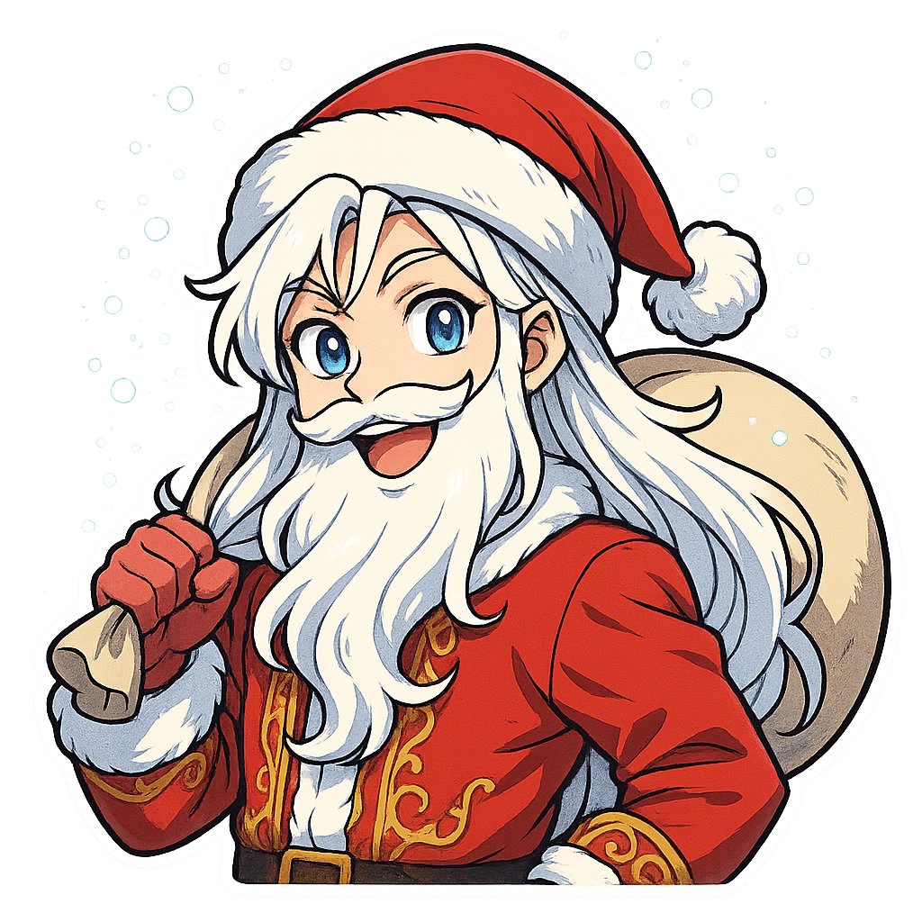 Cute handsome anime Santa Claus in comic style, upper body shot, full Santa hat visible, long silky white hair, fluffy beard, stylish red coat with golden embroidery, holding a large Christmas gift bag over his shoulder, cheerful and playful expression, bright expressive anime eyes, sparkling snow around, vibrant colors, clean detailed lineart, high-resolution 3000x3000 px, sticker-friendly composition, transparent background, comic illustration style