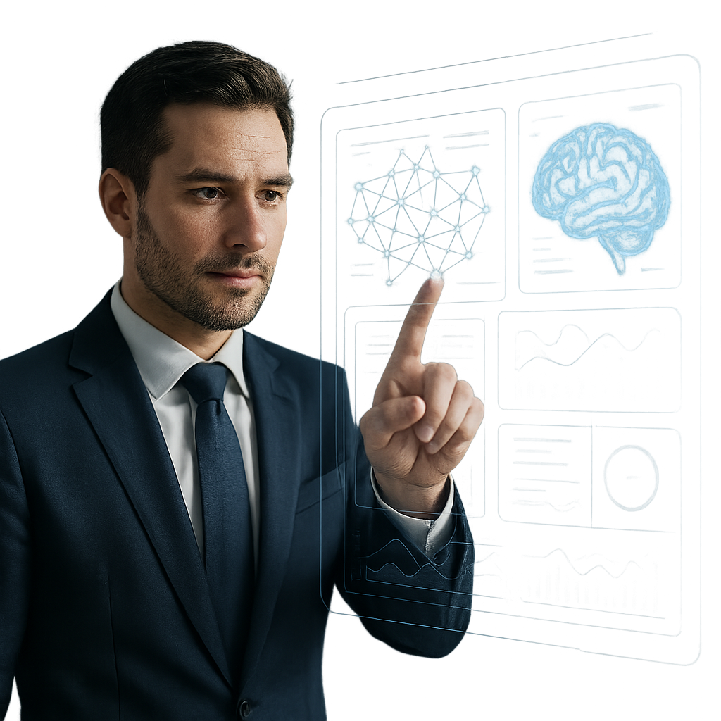 A realistic business professional interacting with a transparent holographic AI interface, neural network visuals floating around, modern office environment, blue and white color tones, ultra-detailed, cinematic lighting, photorealistic, shallow depth of field, no text, no logos