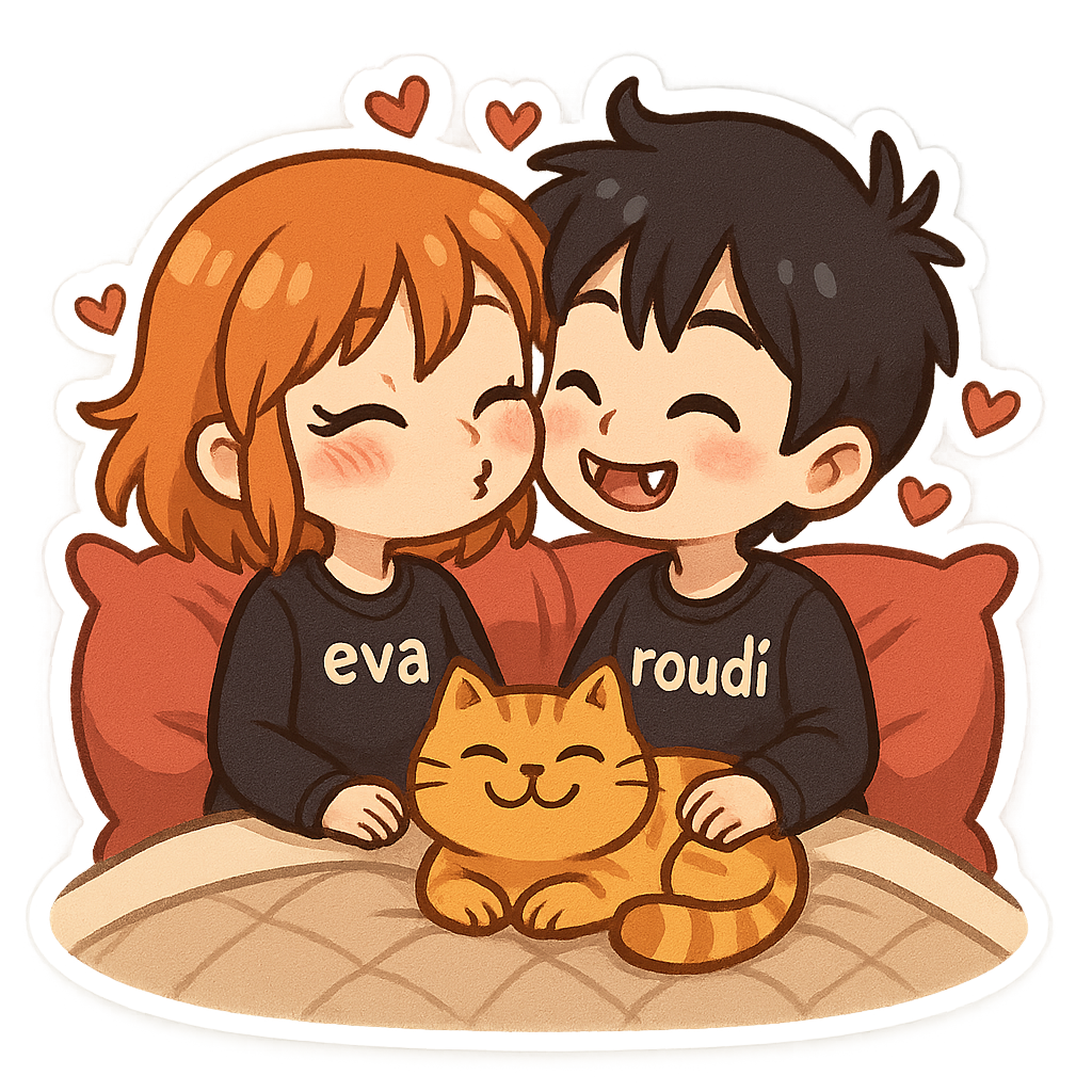 A cute good anime couple, girl with orange hair and blue eyes wearing black pijama with "eva", amazing boy with black hair and brown eyes vampire teeth wearing black pijama with "roudi" , and orange fat cat smile,  kissin in sweet christmas full with hearts in amazing bed ,sweet couple sticker style, transparent background, 512x512