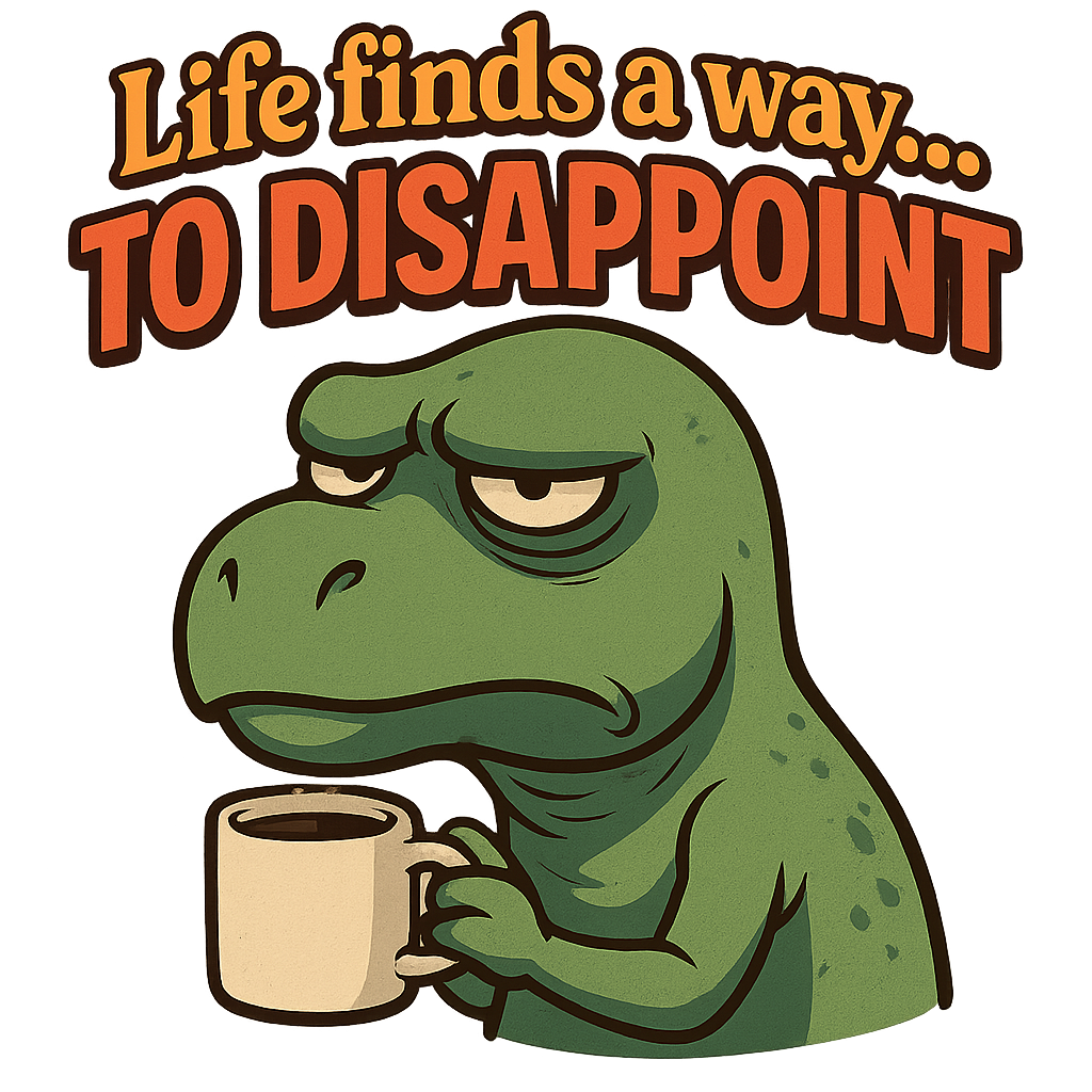 Create an annoyed and depressed Dinosaur sipping coffee with the caption "life finds a way. . . To disappoint with the words having a flashy font and color