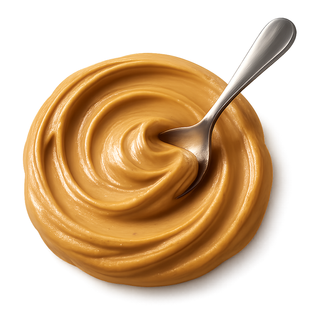 A realistic, appetizing swirl of creamy smooth chocolate peanut butter in rich golden-beige tones, with a shiny metallic spoon gently dipped into it, creating a luscious texture and natural glossy highlights. The peanut butter appears thick, smooth, and indulgent, with soft warm lighting for a premium look. Include a subtle soft shadow underneath to make it look naturally grounded, as if resting on the label surface. No background, no container — transparent PNG, centered composition, photorealistic detail.