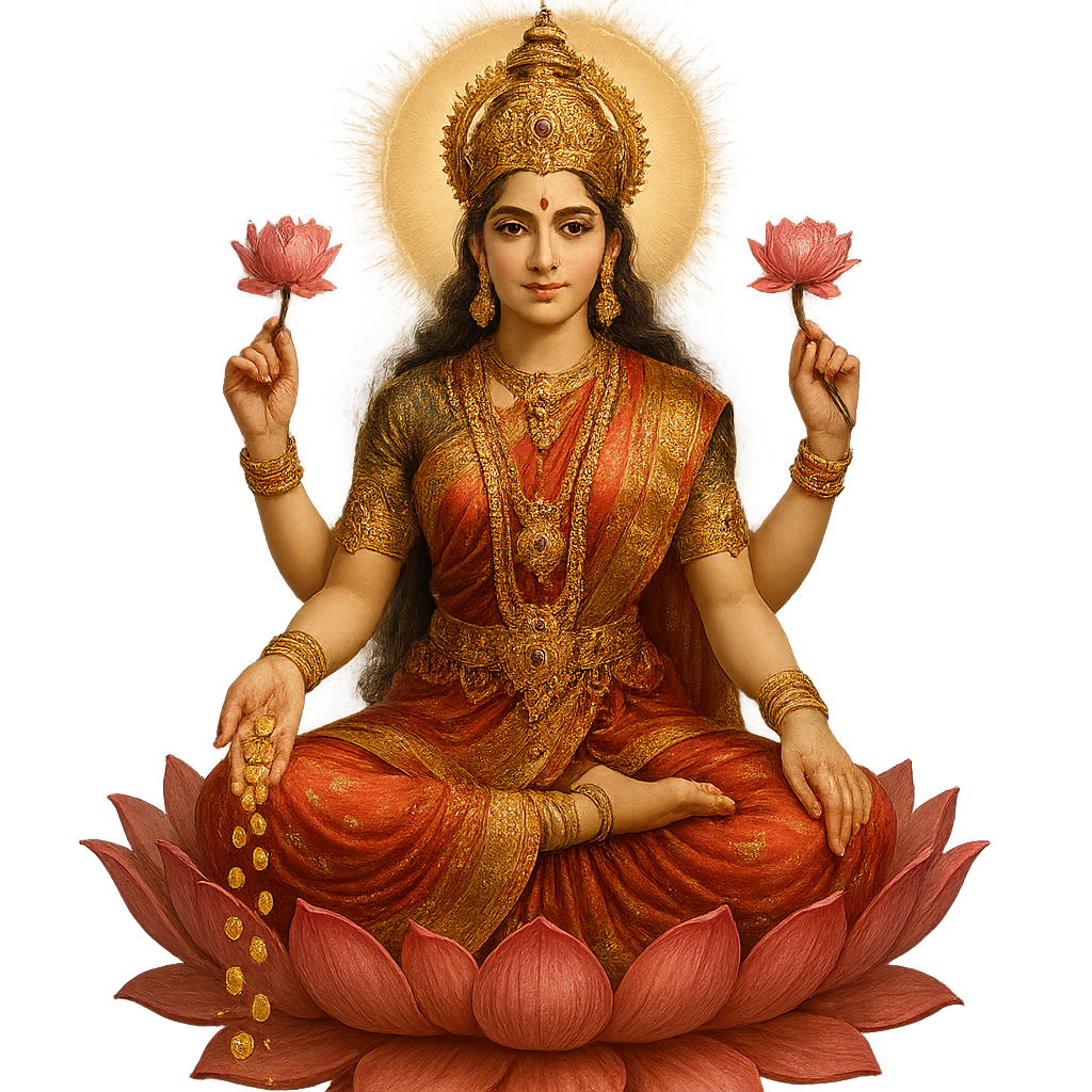 Goddess Lakshmi sitting gracefully on a blooming lotus, holding lotus flowers in both hands, gold coins flowing from one palm, detailed jewelry and crown, calm divine smile, radiant aura around her, detailed saree with red and golden hues, intricate ornaments, ultra-realistic 4K, isolated figure, transparent background, soft lighting.