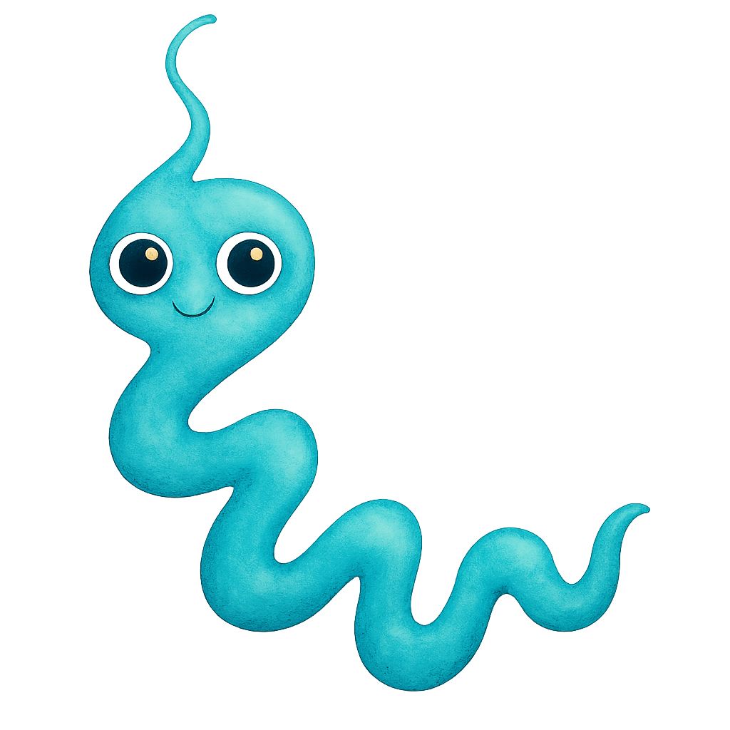 vivid turquoise watercolor spirochete with spiral body, strong saturation, cute eyes, gentle textured shading, no text, no border, transparent background