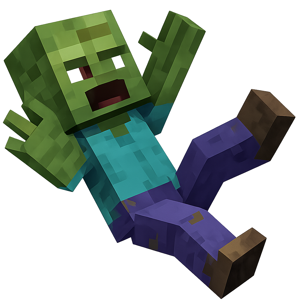 A Minecraft-style zombie villager, blocky and pixelated, shown from a side view. The zombie villager is mid-fall backwards with arms flailing and one leg bent, wearing tattered clothes and a surprised expression. The art should be sharp and clean — no motion blur and no shadow — and match Minecraft’s blocky texture style. Use a transparent or white background with bright, even lighting.