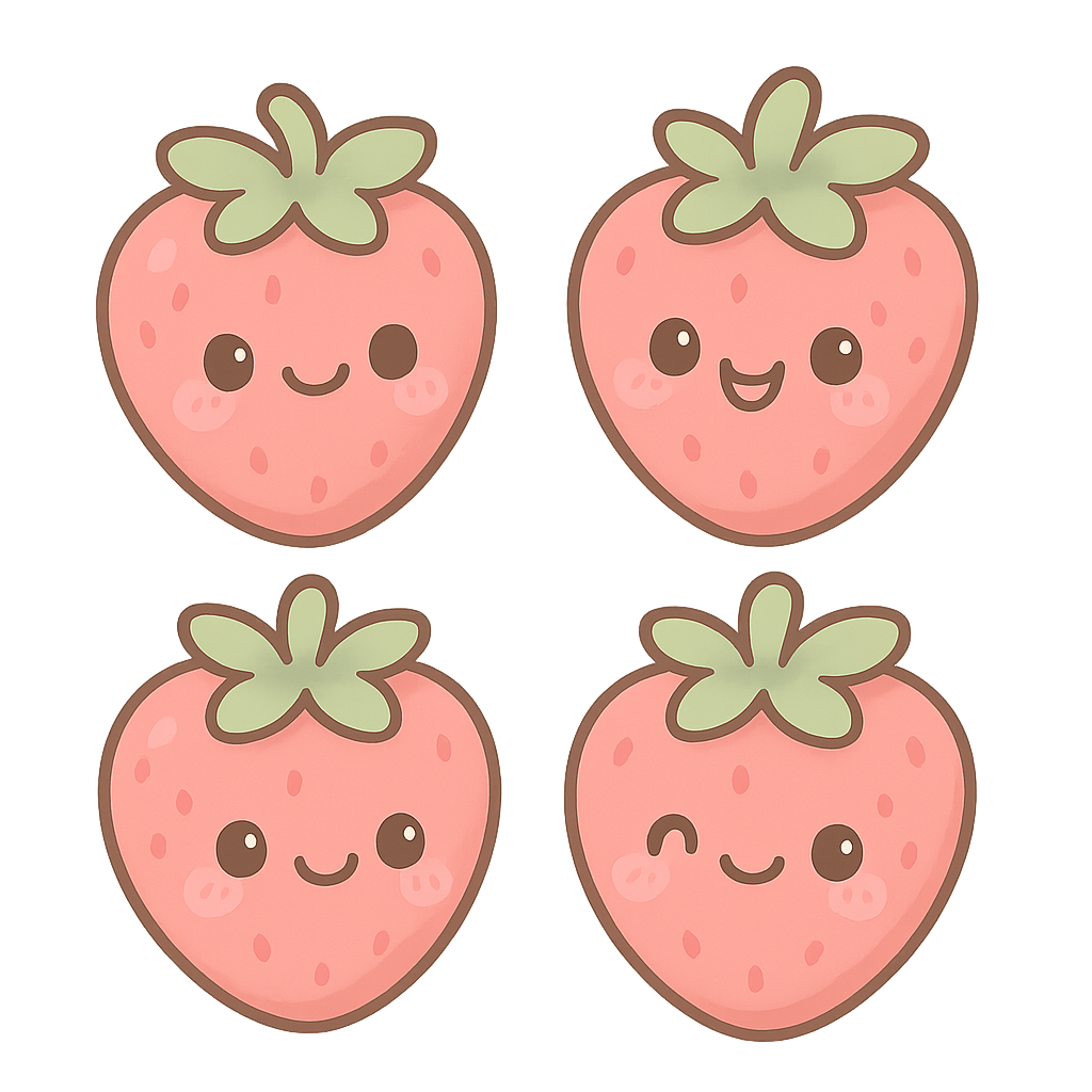 Kawaii strawberries, cute cartoon style, pastel red with green leaves, soft outlines, chibi illustration, PNG transparent background
