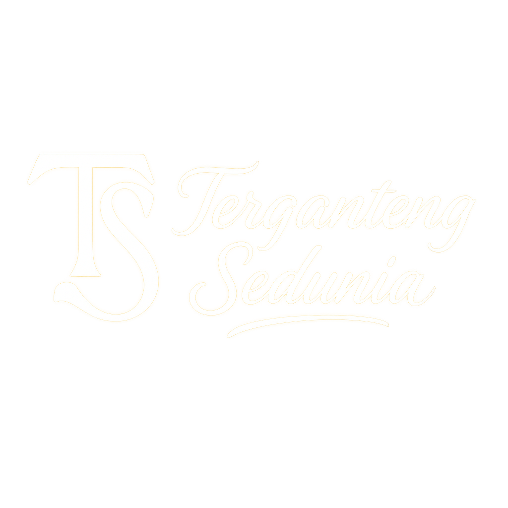 Create a transparent PNG signature with the text "Terganteng Sedunia" in elegant, flowing italic lettering. Make the style artistic, unique, and premium. On the left side, add a stylized monogram “TS” designed like a distinctive, iconic logo — bold, creative, and eye-catching, with a unique shape that feels custom-made. Apply a soft glow effect around both the monogram and the signature so the design looks clear, luminous, and standout. Keep everything clean, smooth, and professional. No background. Transparent PNG output.