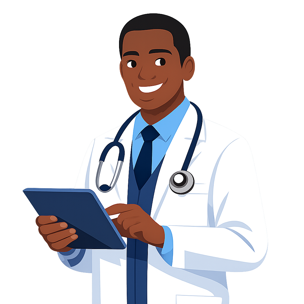 "Modern 2D flat vector illustration of a friendly Black male doctor wearing a white lab coat and a stethoscope, holding a digital tablet and smiling. Clean lines, minimalist aesthetic, vibrant professional colors. Isolated on a transparent background (PNG style), high resolution, healthcare concept for a website, 4k."