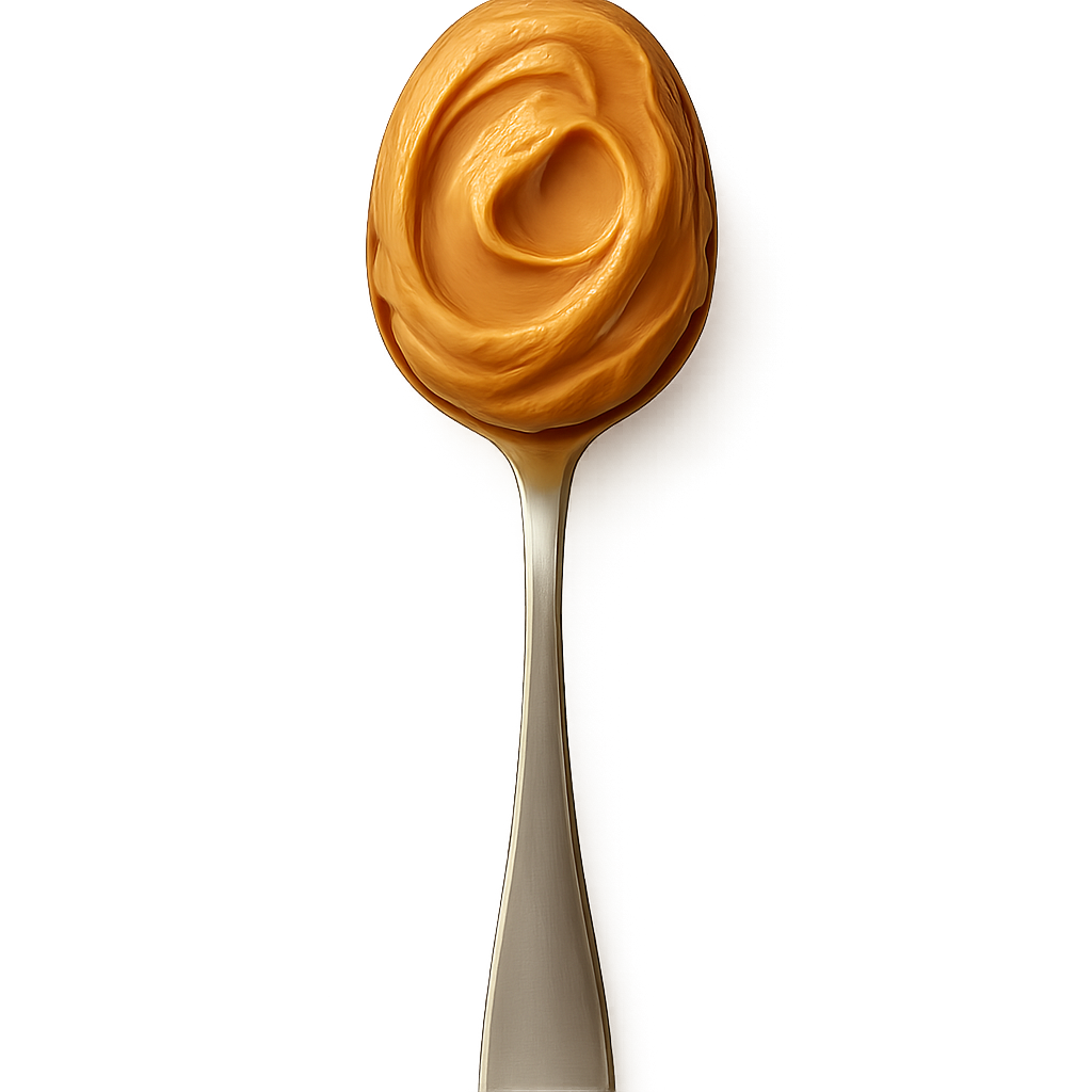 A realistic, appetizing full spoonful of creamy smooth peanut butter, shown from a top-down overhead view. The **entire spoon must be visible in the frame** from the tip of the handle to the scoop — **no cropping anywhere**. Leave generous empty space around the spoon so it fits completely and comfortably. The peanut butter should look thick, velvety, and glossy with natural swirled texture. The spoon is clean stainless steel with soft reflections. Include a soft, natural shadow directly beneath to make it appear resting on the label surface. Warm, soft studio lighting, premium artisan food photography. **Transparent PNG**, no background, no table, no surrounding props.  **Composition Requirements:** centered, vertical orientation, full spoon fully inside frame, extra margin around edges.  **Do NOT:** crop edges, zoom in too much, cut off top or bottom, blur details, distort handle.FULL SPOON, NO CROPPING, EXTRA CANVAS SPACE.