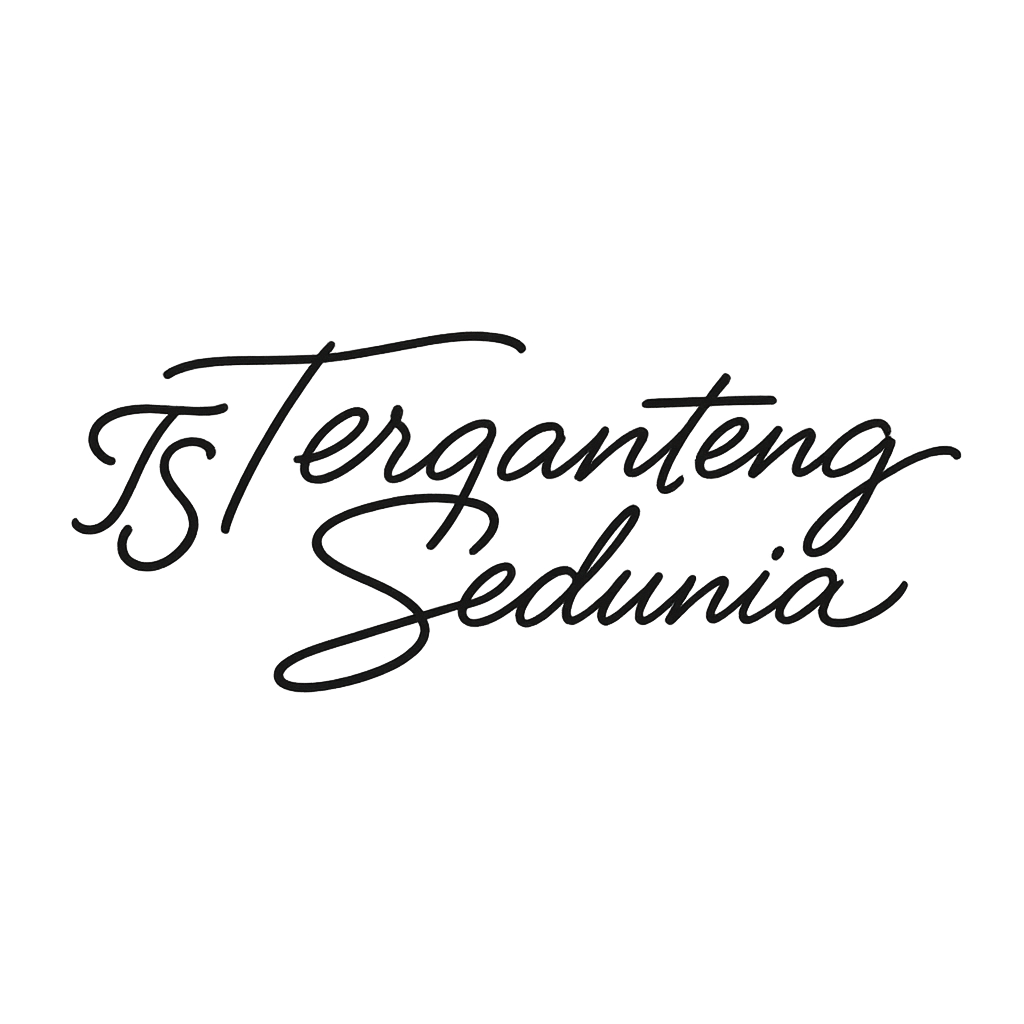 Create a transparent PNG signature with the text "Terganteng Sedunia" in elegant, flowing italic lettering. Make the style artistic, unique, refined, and visually balanced. Add a small custom logo on the left side: a stylized monogram "TS" designed with the same artistic aesthetic. Keep everything clean, smooth, and professional with soft curves and a premium signature look. No background. Transparent PNG output.