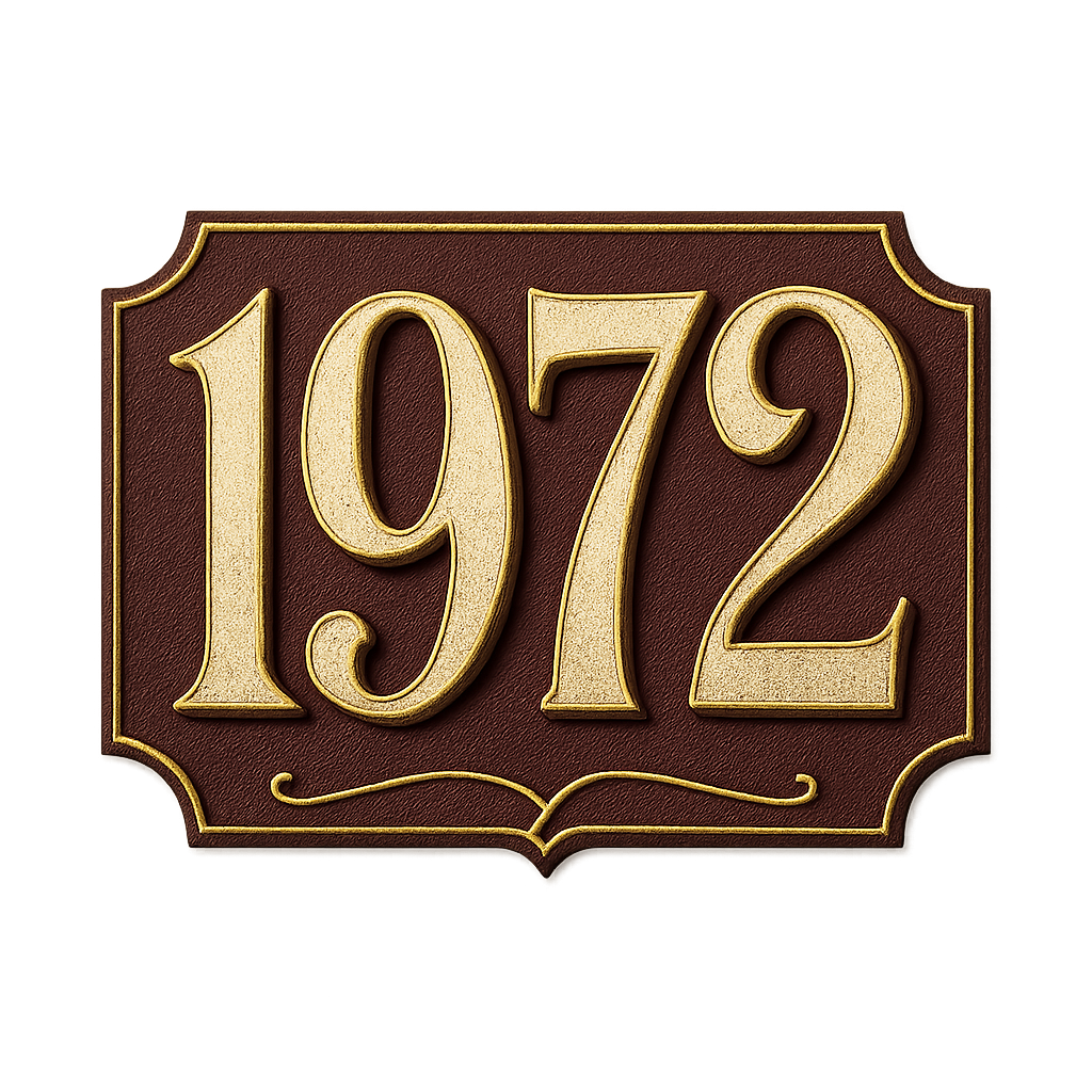 Vintage typography logo of the text ‘1972’, elegant and refined serif lettering inspired by early 1900s design. Smooth gold and warm maroon color palette with subtle shadows and soft highlights. Minimal ornamentation, delicate border flourishes, and balanced composition. Clear readability, embossed effect with gentle depth, refined vintage poster style. Transparent background, high-resolution PNG
