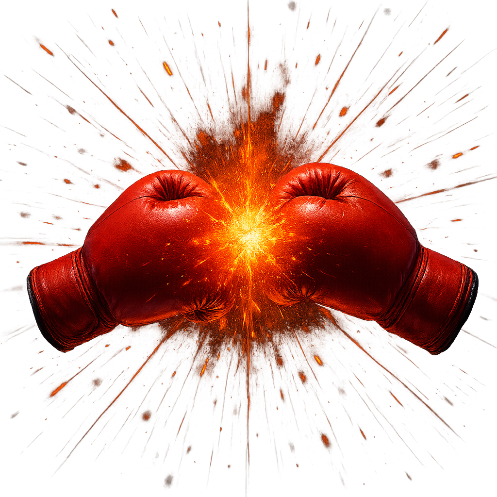 “realistic red boxing gloves punching together with intense energy explosion, shockwaves, glowing particles, fire sparks, and light trails radiating outward, high contrast lighting, transparent background, ultra-realistic reflections, dramatic cinematic look, hyper-detailed, colorful and dynamic composition inspired by TikTok fight effects”