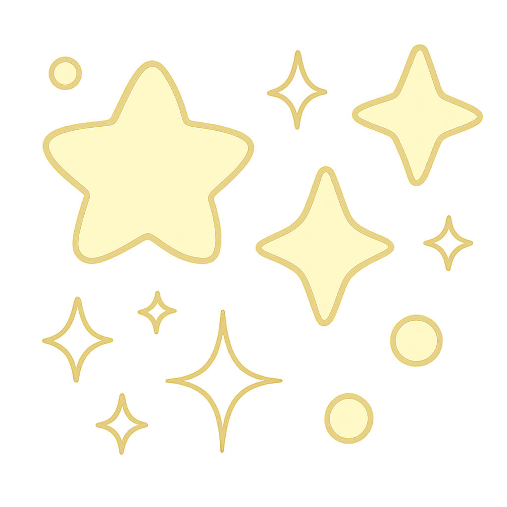 Sparkling stars and twinkles, kawaii cartoon style, pastel yellow and white, simple hand-drawn aesthetic, PNG transparent background