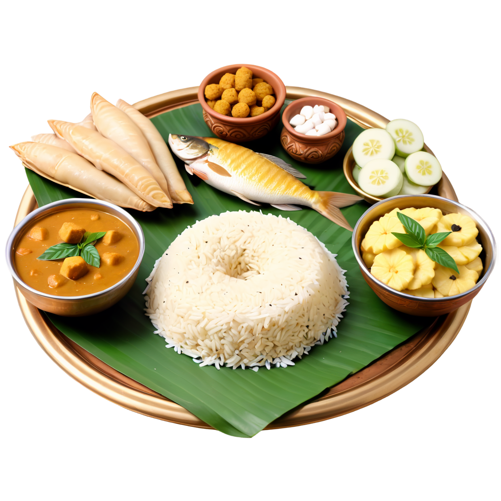 Illustrate a traditional Baisakhi meal, dishe like panta bhat (soaked rice), ilish mach (Hilsa fish), and various sweets. . detailed, highly sharp, clear, clean line, artistic, eye catching, very attractive, 128k extremely realistic,  uhd.