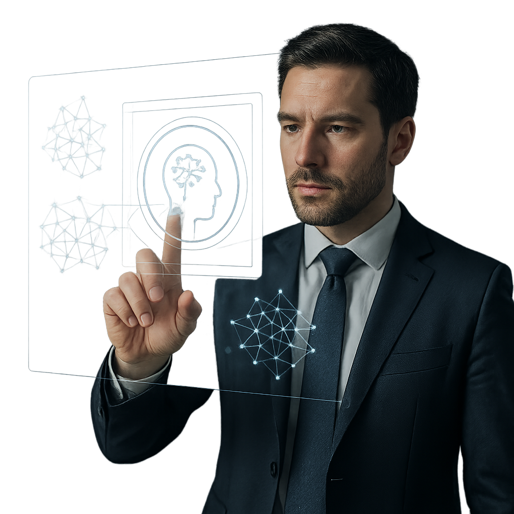 A realistic business professional interacting with a transparent holographic AI interface, neural network visuals floating around, modern office environment, blue and white color tones, ultra-detailed, cinematic lighting, photorealistic, shallow depth of field, no text, no logos