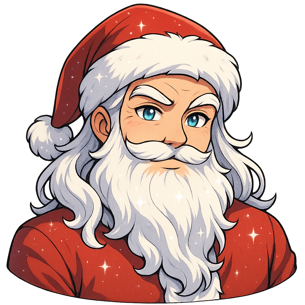 Handsome anime Santa Claus, upper body shot, full Santa hat visible, shoulders included, elegant face, bright expressive anime eyes, long silky white hair, fluffy beard, luxurious red coat, playful cute smirk, sparkling snow effect, vibrant colors, high-resolution 3000x3000 px, sticker-friendly, transparent background Filename: SantaAnime_CuteSmirk.png