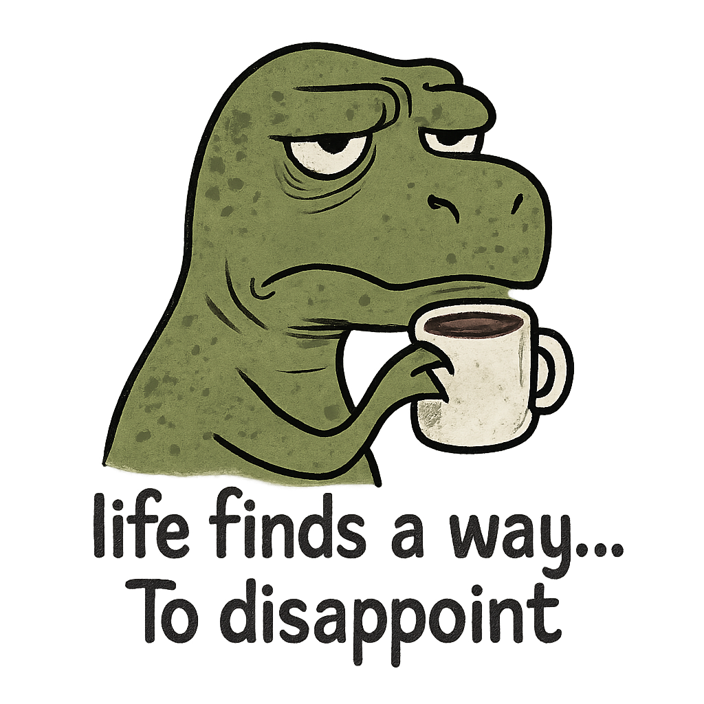 Create a annoyed and depressed Dinosaur sipping coffee with the caption "life finds a way. . . To disappoint