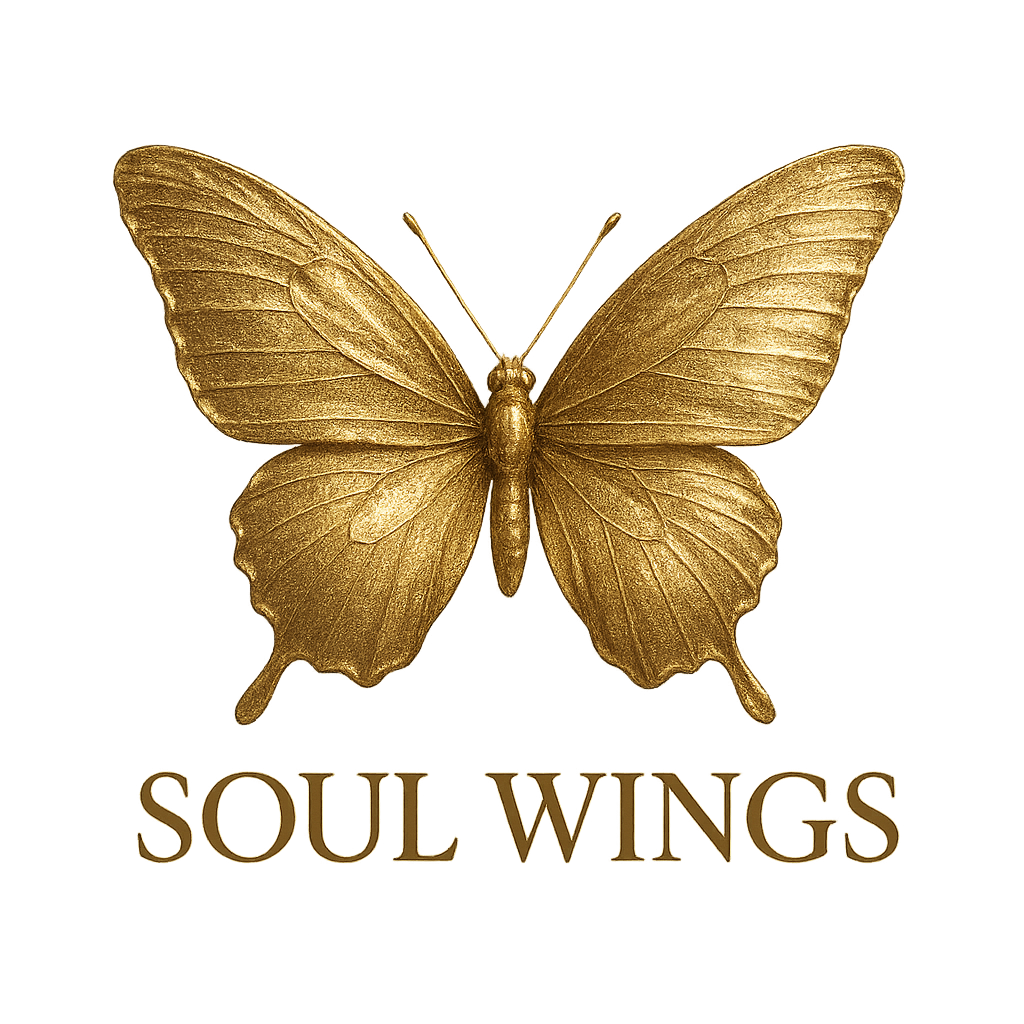 Elegant golden butterfly with shimmering metallic textures, realistic 3D style, with the words “SOUL WINGS” in elegant serif font, minimal design, transparent background, high resolution, perfect for T-shirts and mugs
