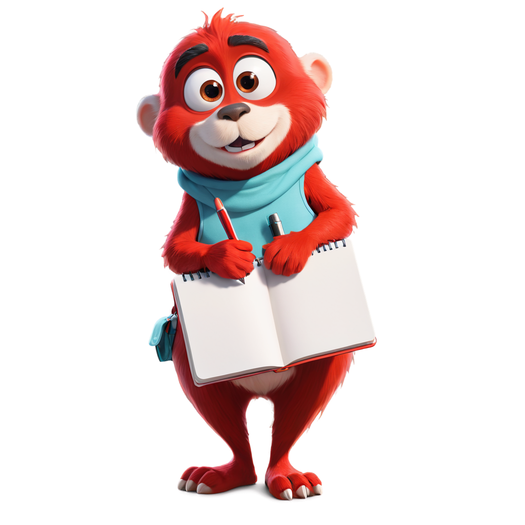 a red  cute soinc character  writeing  in  a notebook