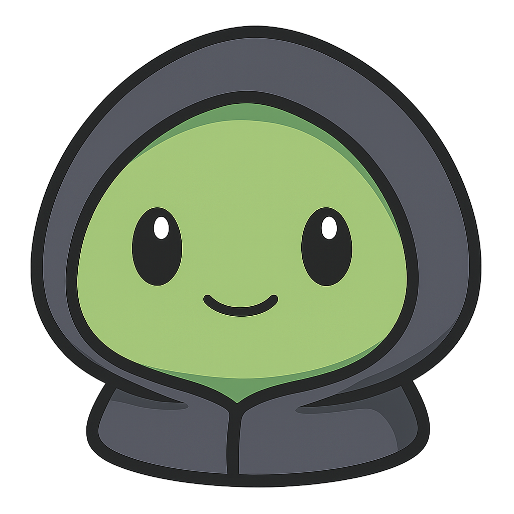 2D digital illustration of a Digimon-baby–inspired blob character, eyes open, mouth closed, head-only, rounded green blob face, dark gray hoodie hood framing the head, no limbs, no torso, cute chibi monster style, simple shapes, thick clean outlines, flat colors with subtle shading, centered composition, transparent background, high resolution, sharp edges, no blur, clear silhouette, vector-like clarity, PNG-style asset, no background, alpha channel, transparent PNG