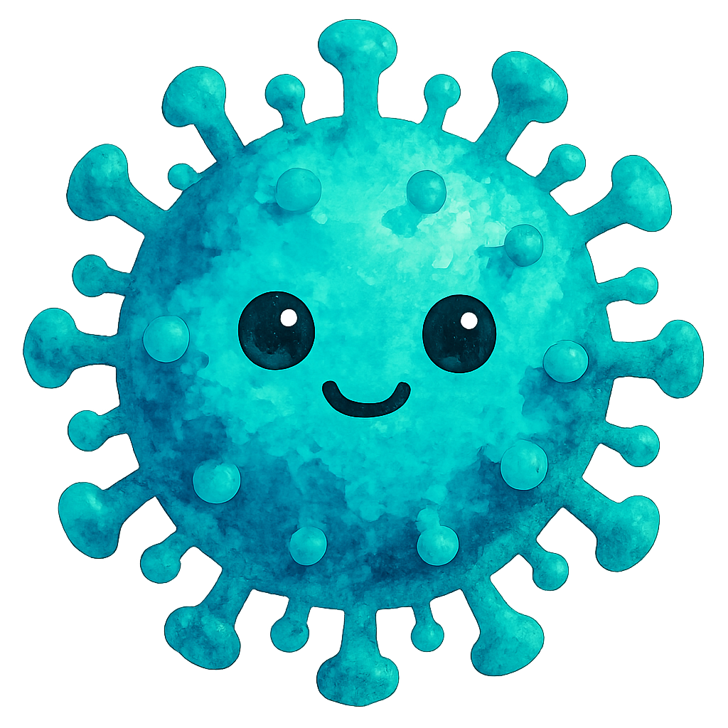 vibrant high-saturation watercolor of a round virus with thick, rich teal and aqua pigments, soft rounded spike proteins, cute eyes, small smile, strong contrast, no text, no border, transparent background