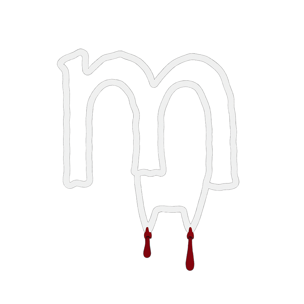 a white spooky outline of the lowercase letter m with bloody fangs